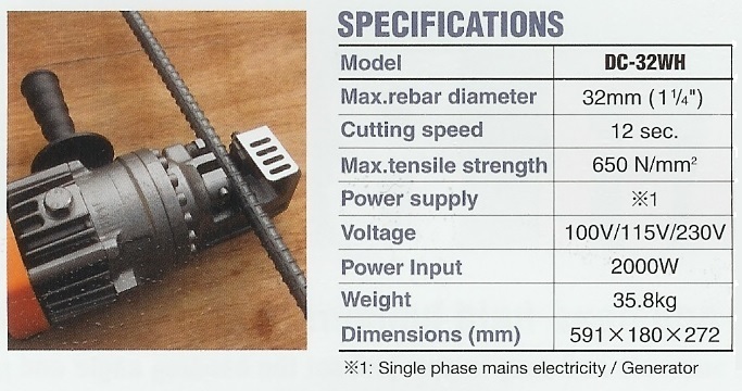 Click here to see the specifications of our Portable Rebar Cutters DIAMOND DC=32 and DCC-1618 cutter specifications